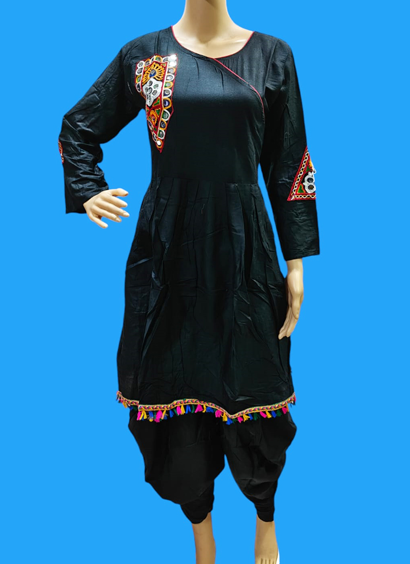 Buy Rayon Black Navratri Wear Gamthi Work Readymade Kurti With Dhoti Online From Wholesale Salwar